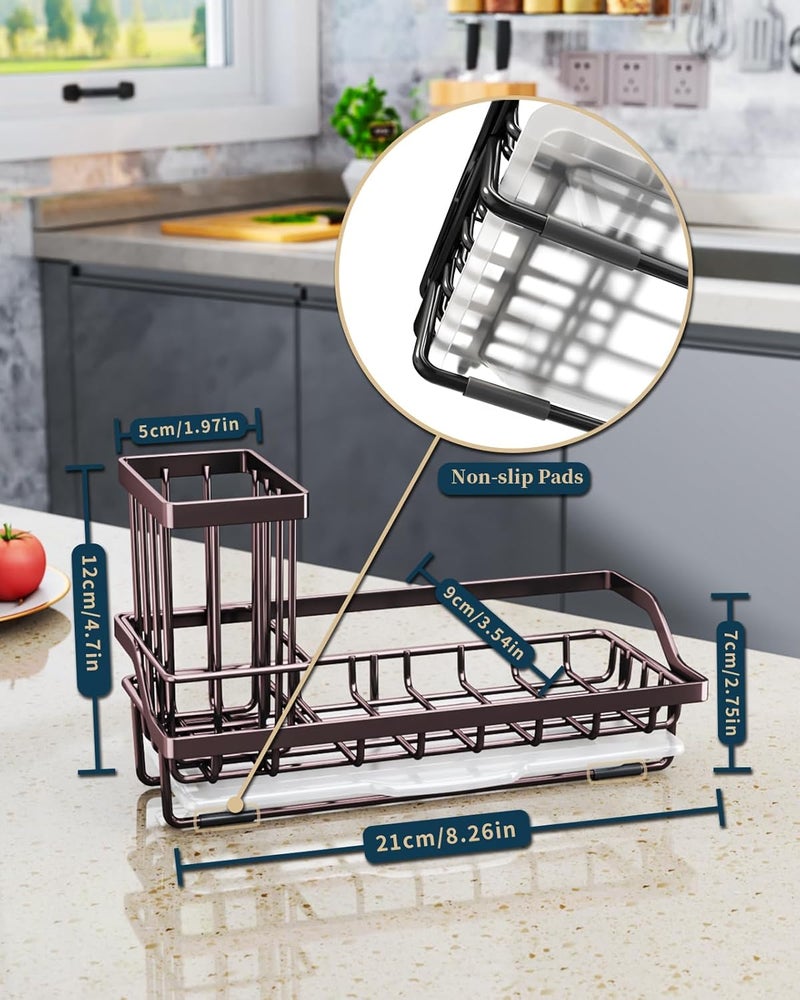 Consumest Sink Caddy Kitchen Organizer, Sponge Holder for Kitchen Sink with Removable Drip Tray for Countertop Dish Soap Holder Dispenser Brush Holder, 304 Stainless Steel - Bronze - Image 5